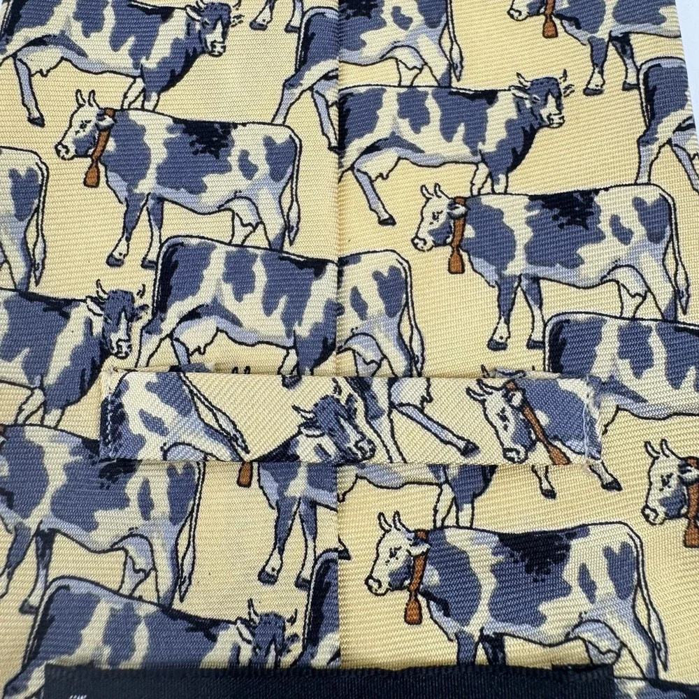 Beaufort Silk Tie Novelty Cow Lovers Print Italy Made Butter Yellow Gift Preppy